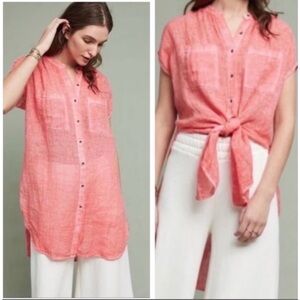 ANTHROPOLOGIE HOLDING HORSES Linen Sleeveless Long Button Front Blouse Pink S